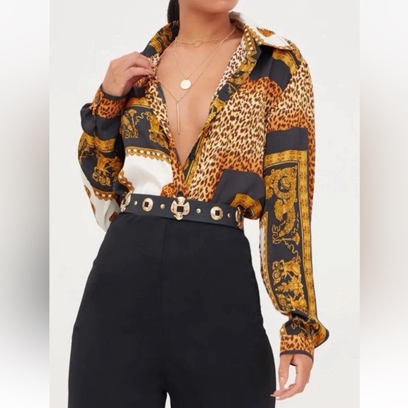 Pretty Little Thing Silky Black Gold Leopard Print Button Up Dress Shirt Blouse - Picture 2 of 11